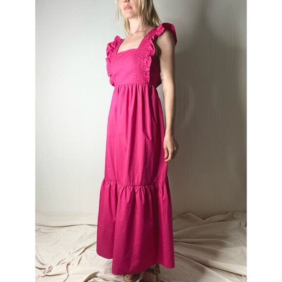 CAARA Ruffle Open Tie Bow Back Cotton Magenta Prairie Maxi Dress NWT US MEDIUM - Picture 4 of 16